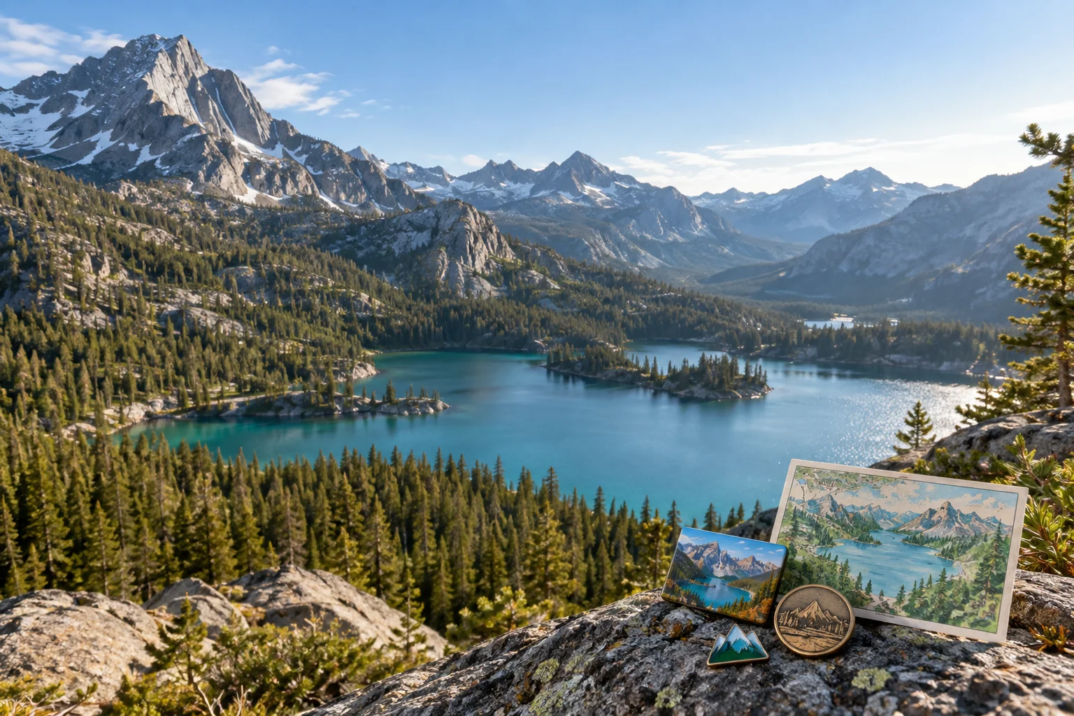 Fictional mountain and lake park landscape with a discreet foreground grouping of scenic visitor souvenirs