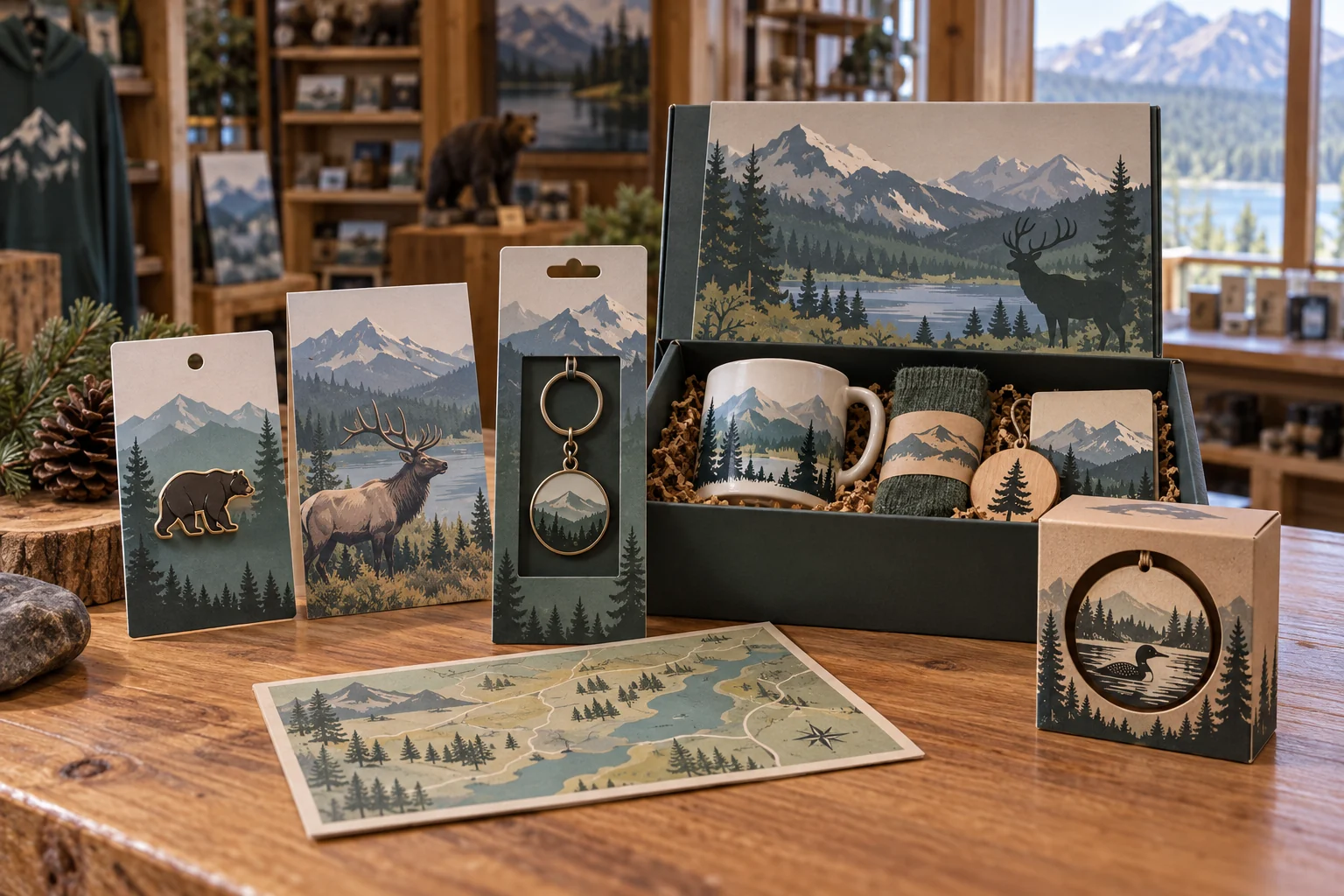 Fictional park visitor merchandise packaging with nature-themed pin card, wildlife story card, keychain sleeve, ornament box, map insert and gift set