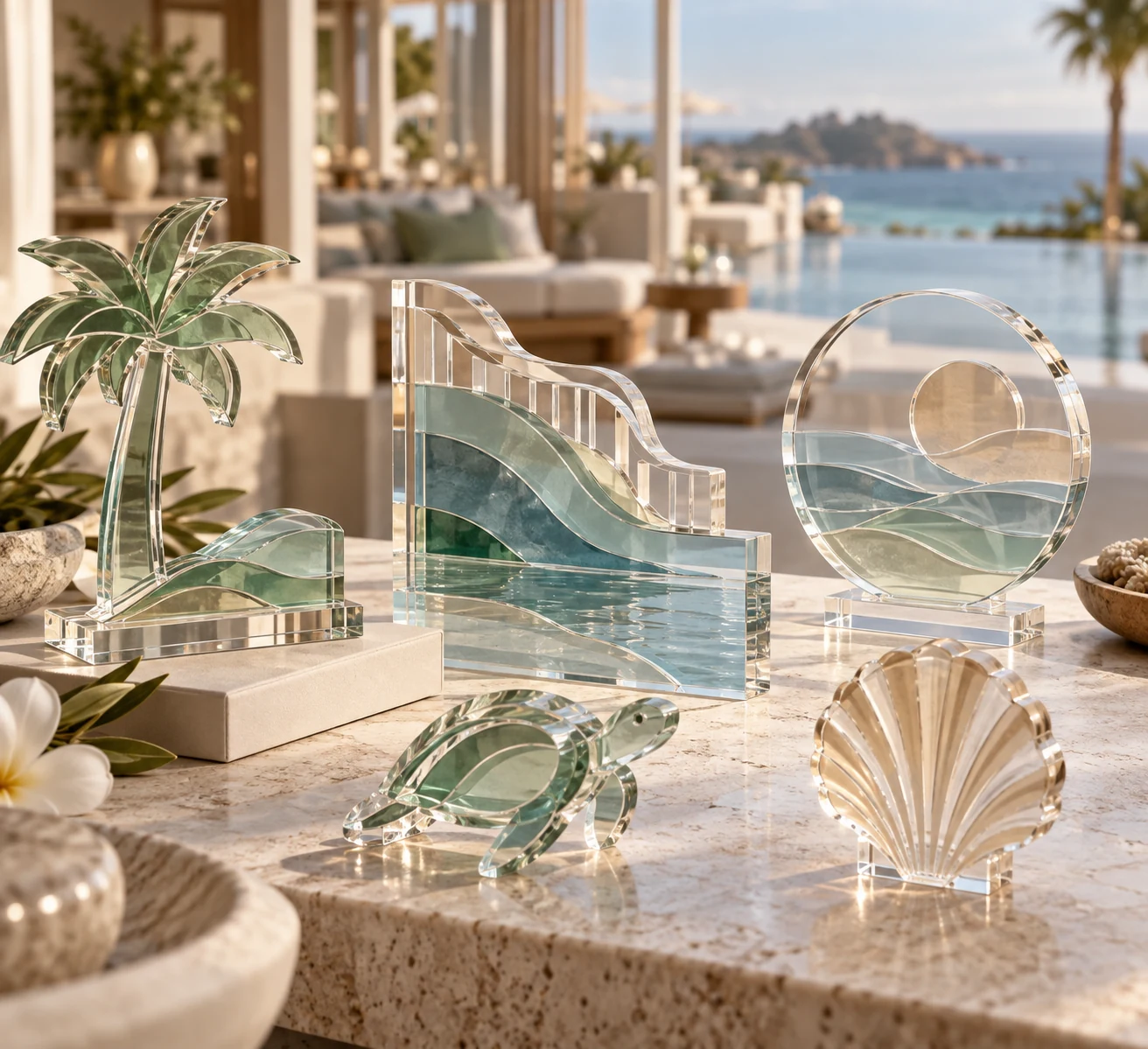 Layered transparent acrylic resort keepsakes with crisp polished edges