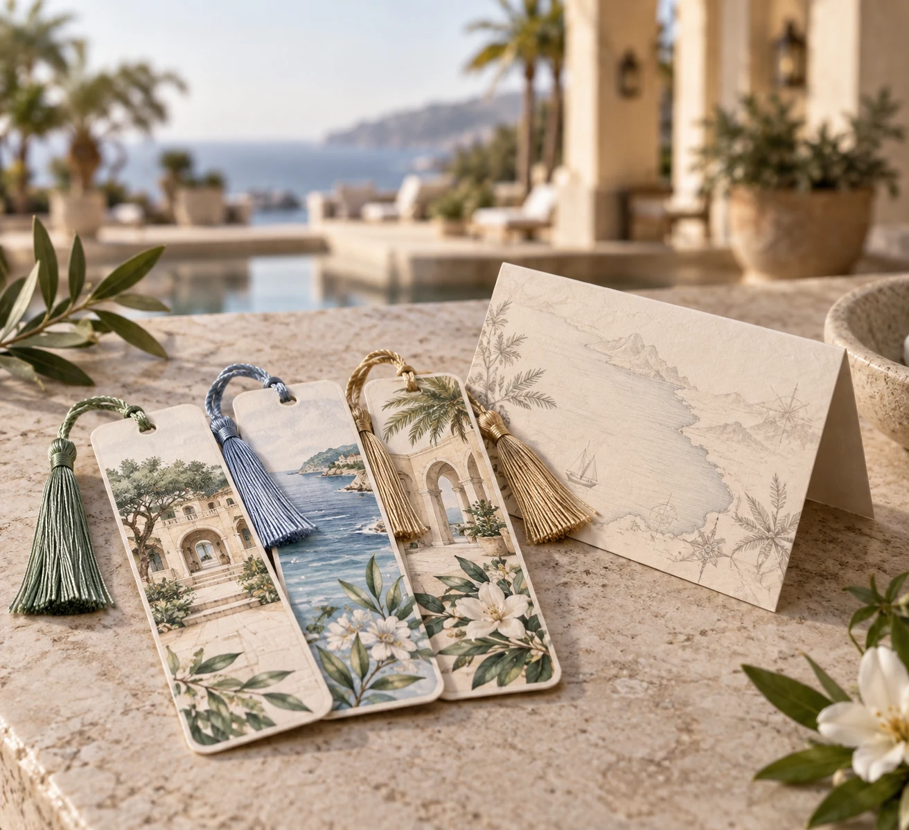 Destination artwork bookmarks with tassels presented as resort gift shop products