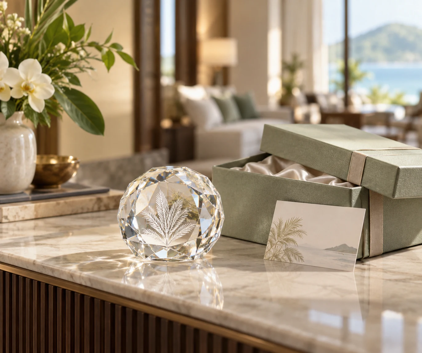 A crystal decorative resort keepsake presented with a gift box and identity card