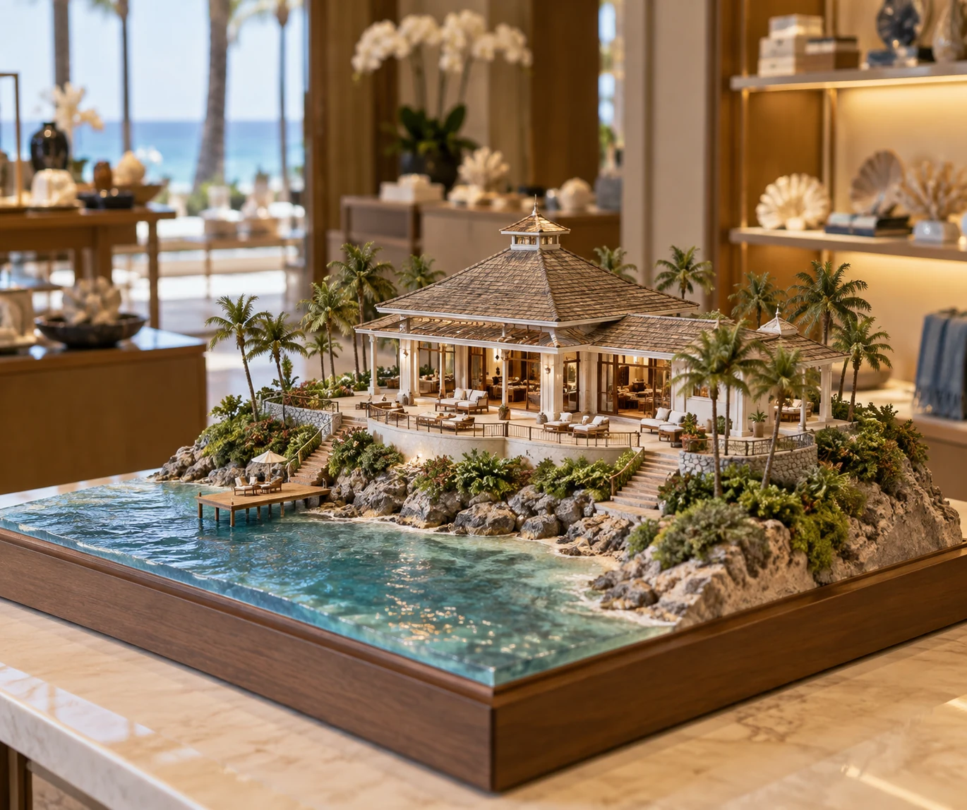A detailed miniature resort pavilion and landscape displayed as a collectible