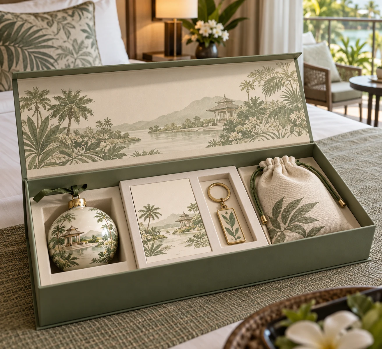An open hospitality gift box with coordinated destination keepsakes and textile pouch
