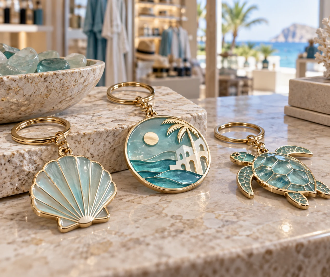 Custom resort destination keychains presented in a boutique hospitality setting