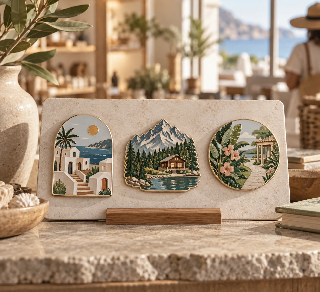 Custom scenic destination magnets arranged for resort boutique retail