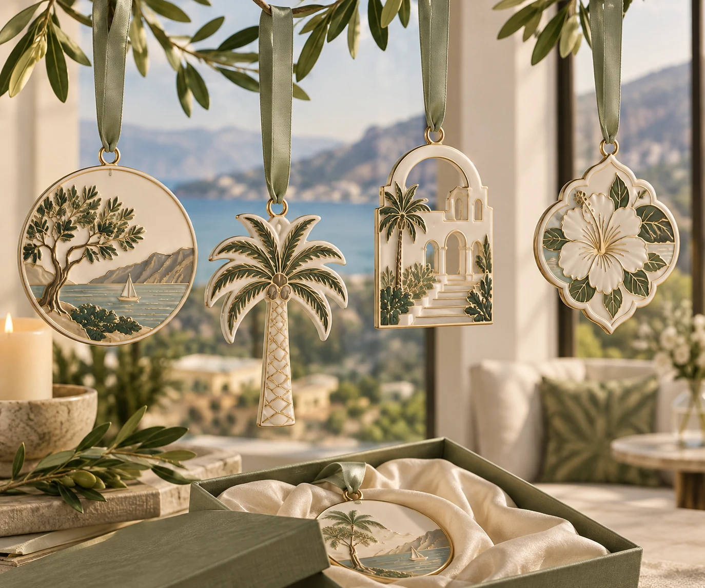 Coordinated hanging ornaments inspired by resort architecture and destination scenery