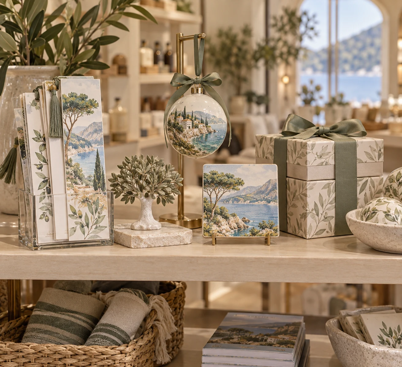 A coordinated assortment of destination gifts displayed in a resort boutique