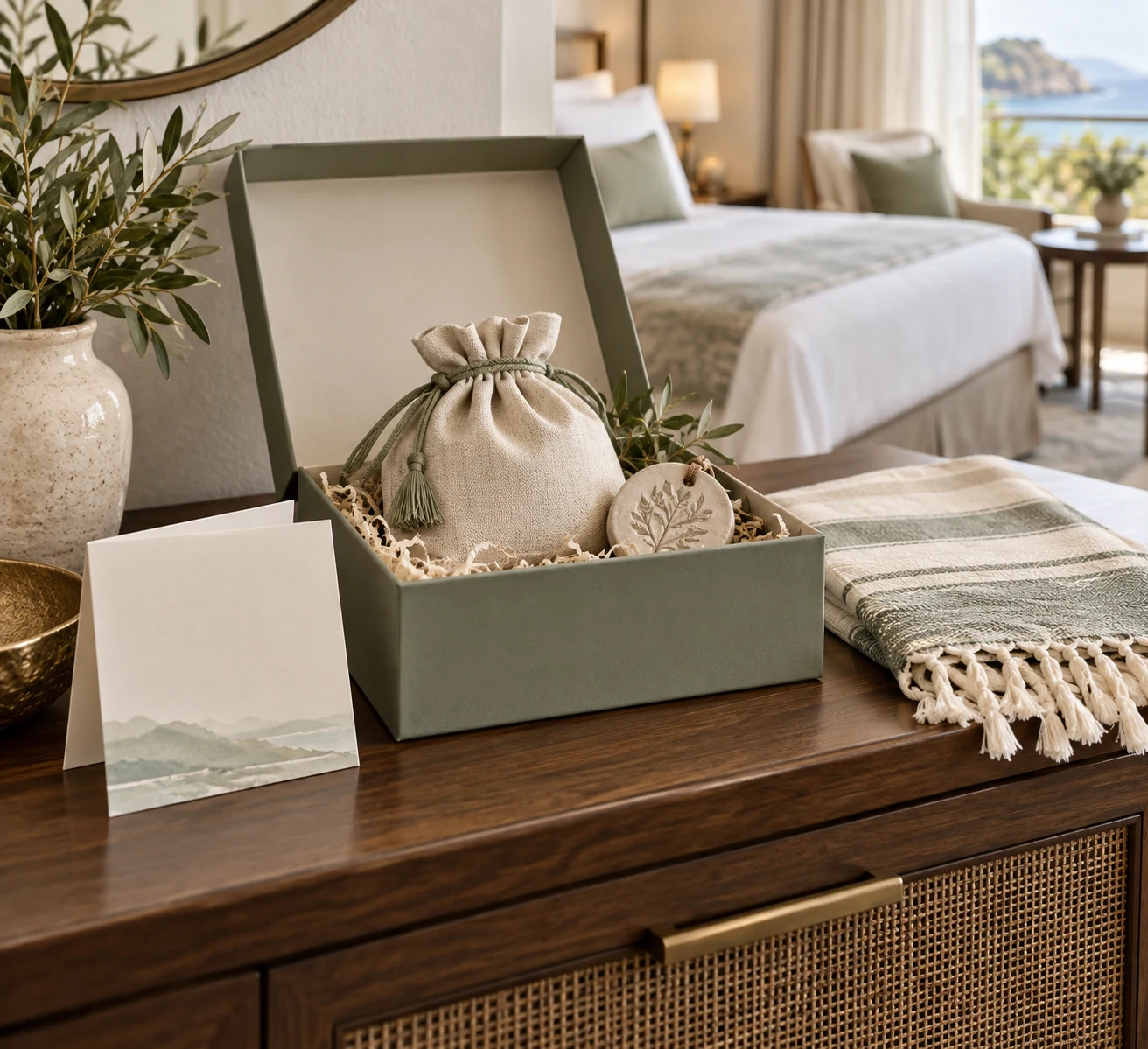 A structured resort welcome gift box with textile pouch and keepsake for guest arrival