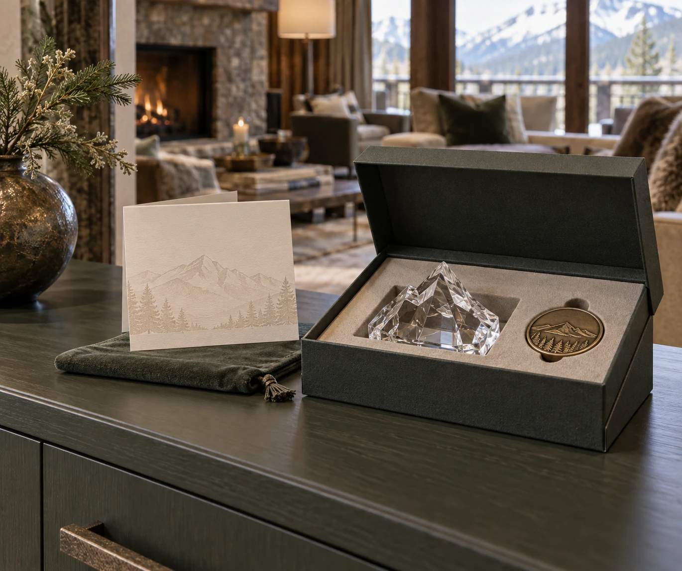 Crystal keepsake and metal gift in a presentation box for premium resort guests