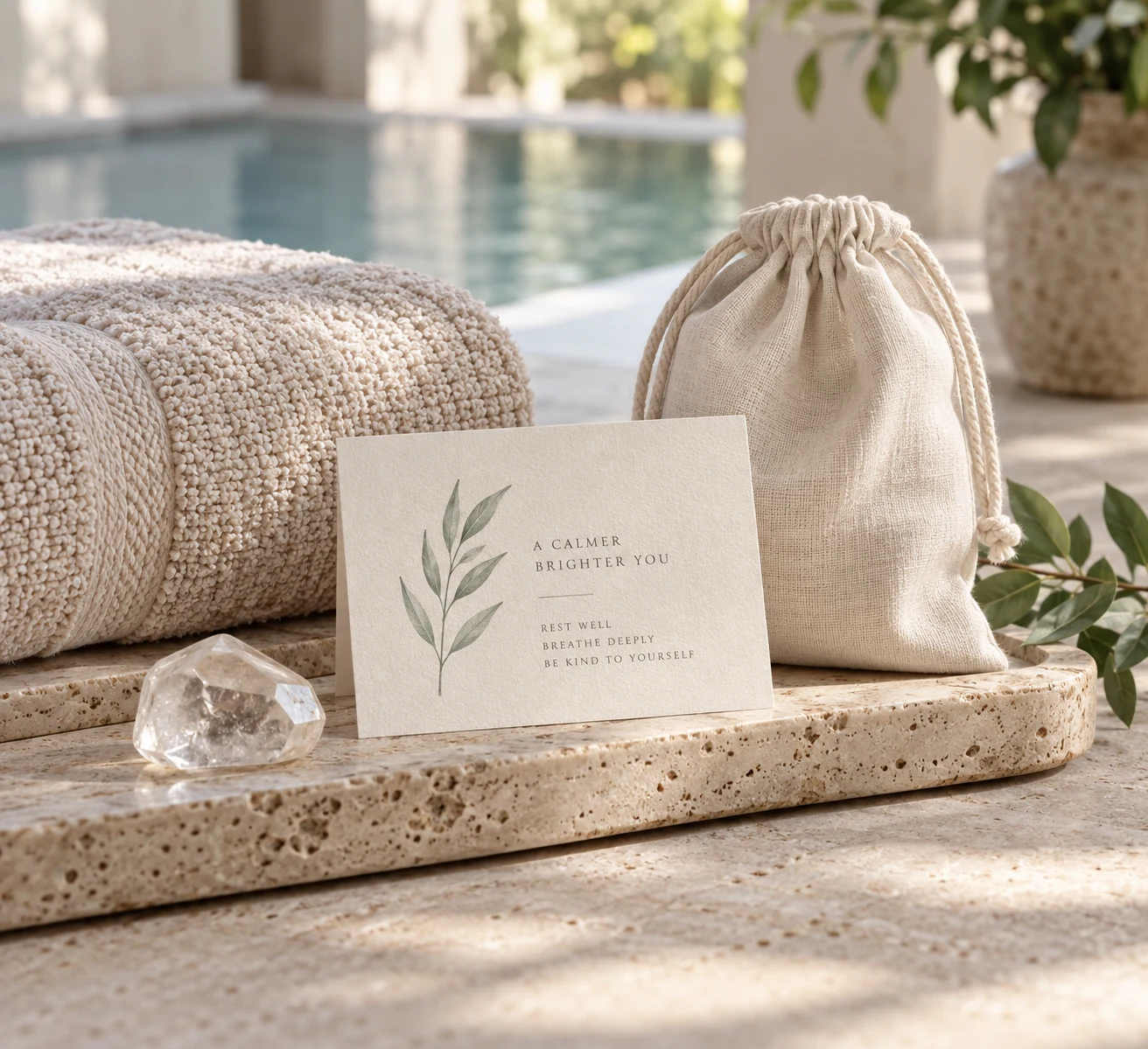Textile and decorative resort spa gifts arranged on a calm natural stone surface