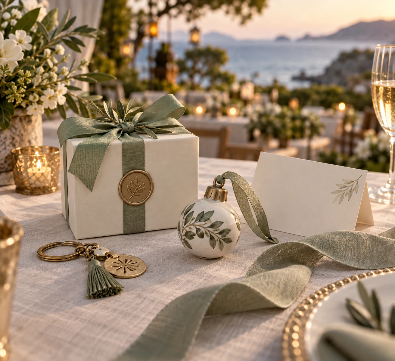 A refined resort celebration keepsake box with ornament, keychain and presentation card