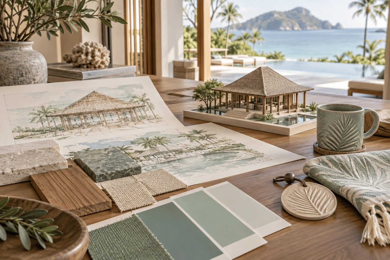 Resort property sketches, material samples and a small architectural model beside coordinated keepsakes