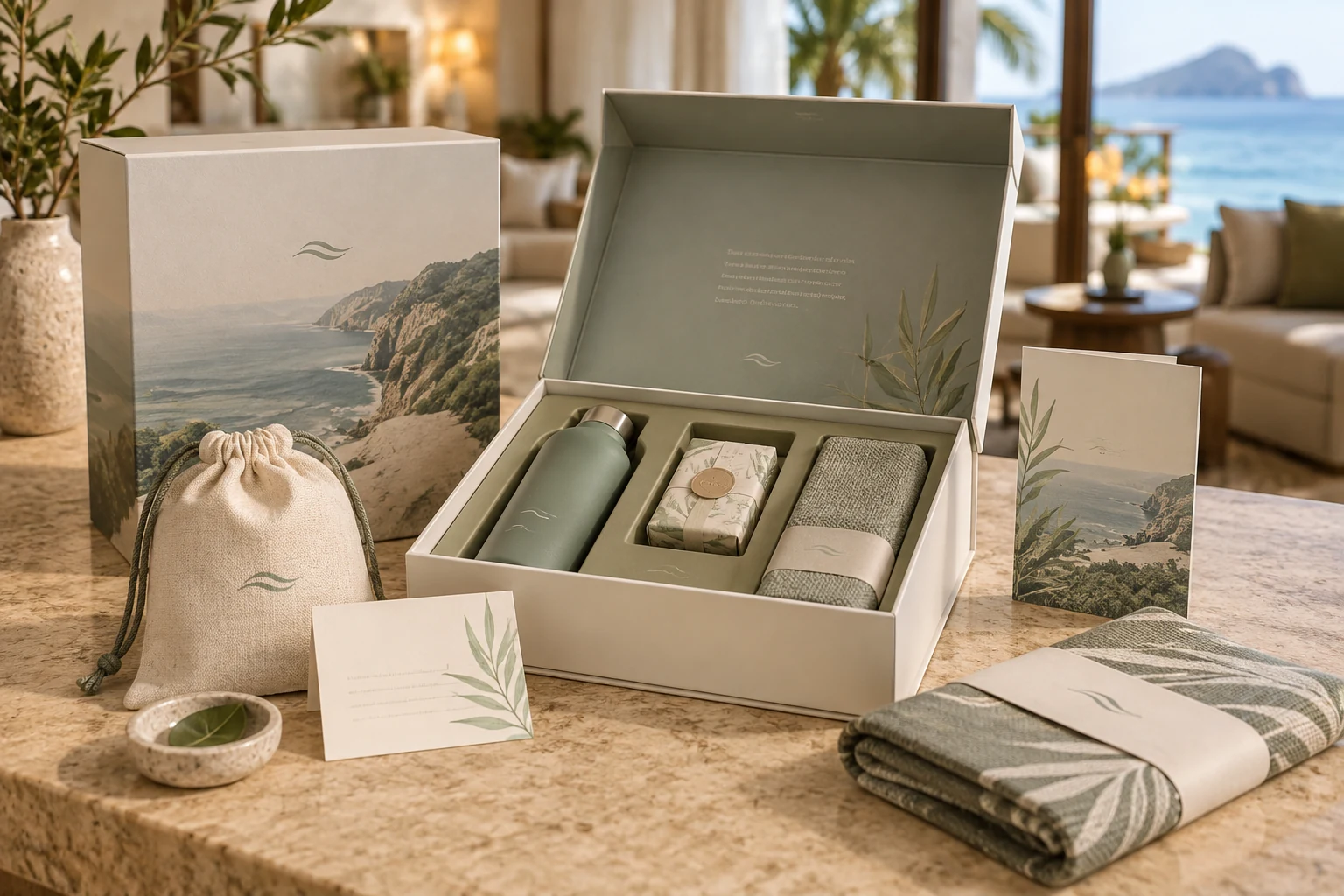 Structured resort welcome gift box, fitted insert, textile pouch, sleeve, story card and event insert