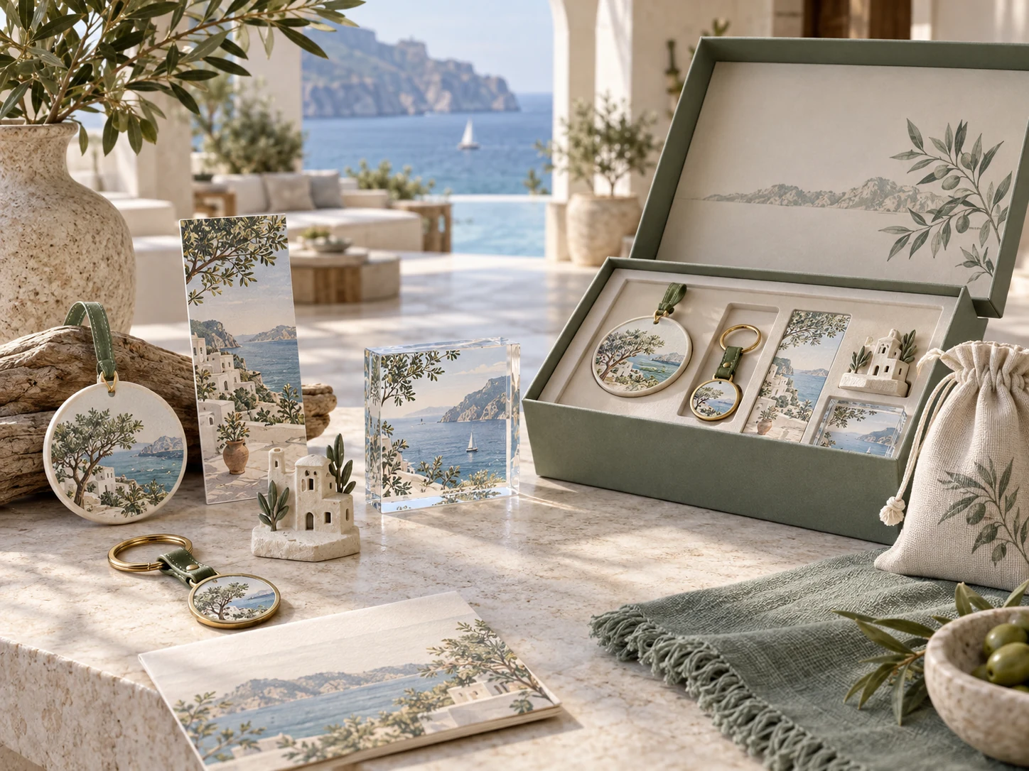 A coordinated premium resort merchandise collection with destination keepsakes, gift packaging and a textile pouch