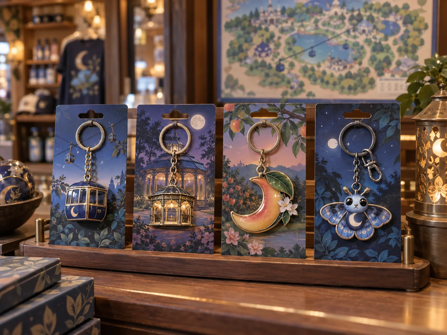Keychains merchandise shown in an original themed park retail setting