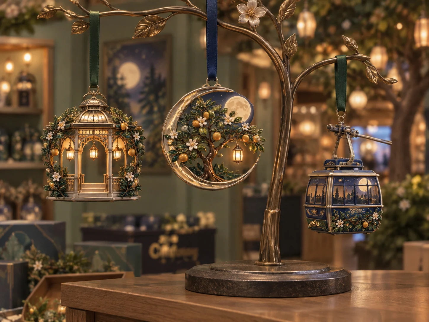 Ornaments merchandise shown in an original themed park retail setting