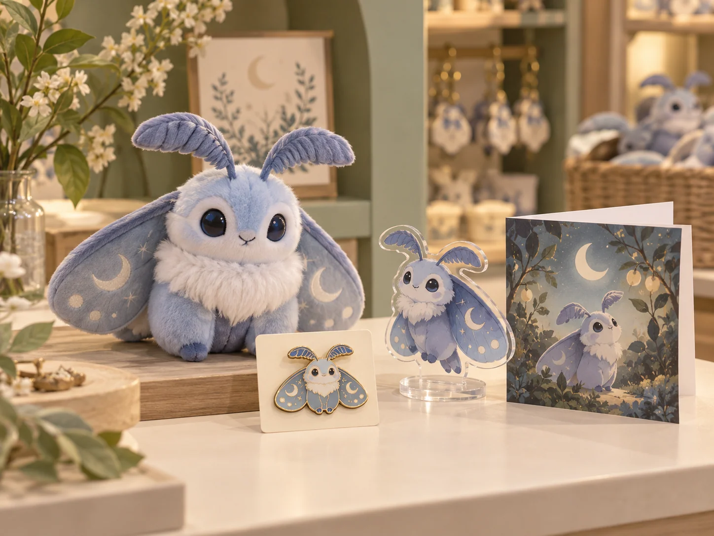 Original blue moth park character shown across plush, pin, acrylic and figure merchandise