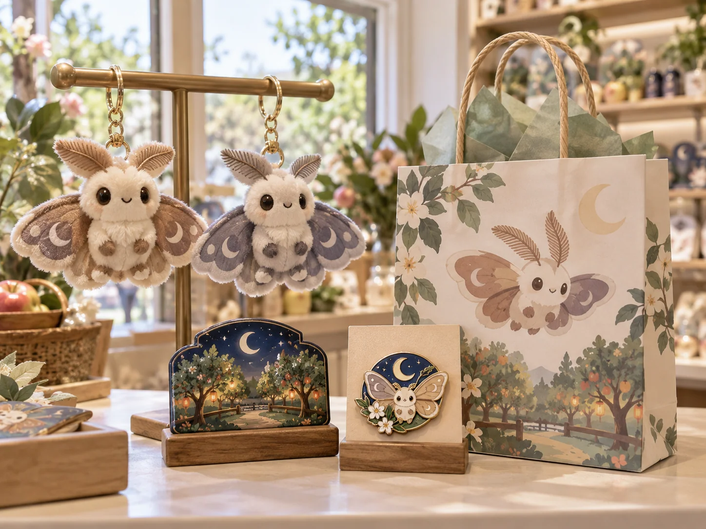 Family-friendly park retail display with small plush, character keepsakes and collectibles