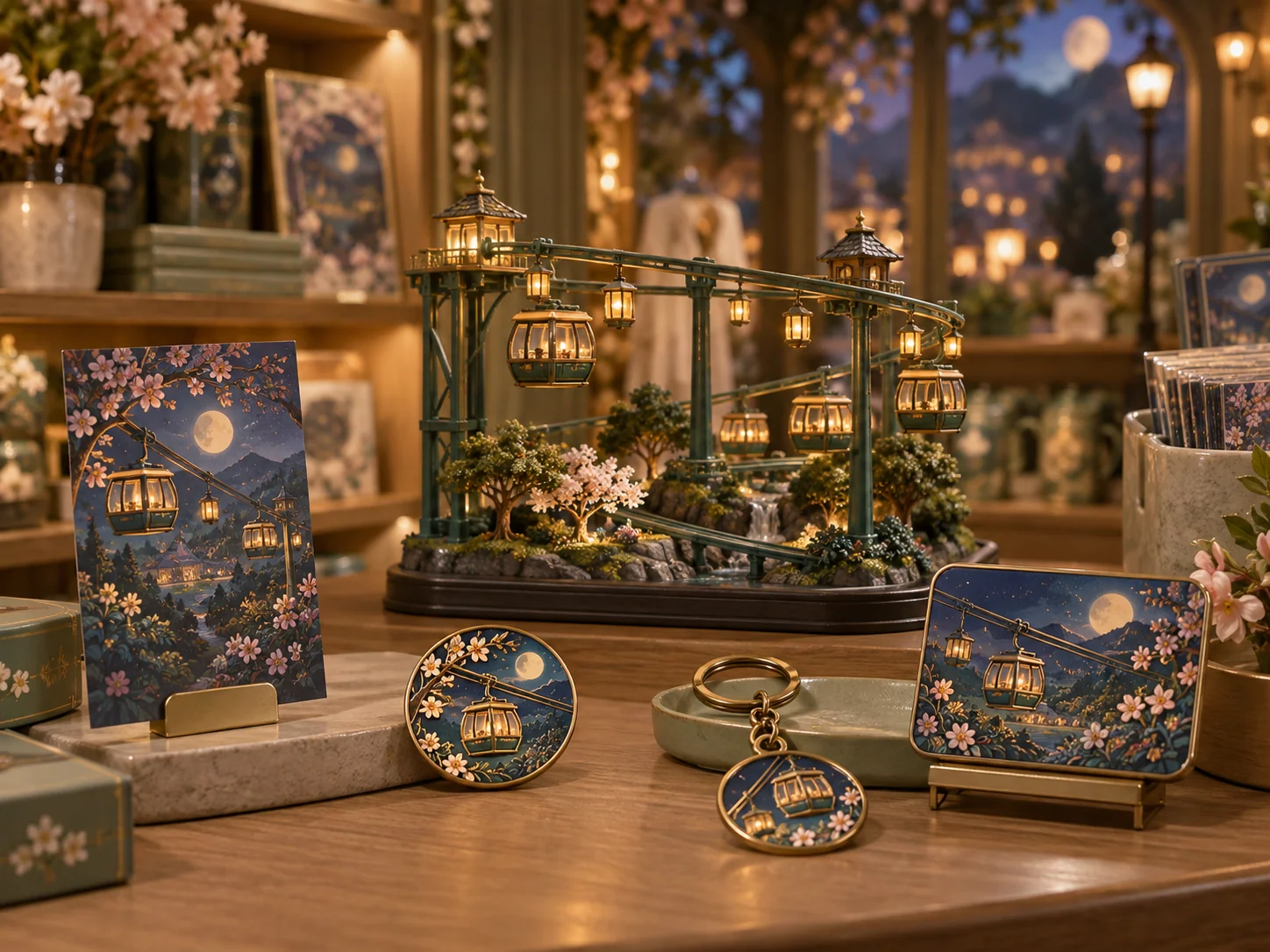 Ride-inspired souvenirs and attraction merchandise displayed in a themed park retail setting