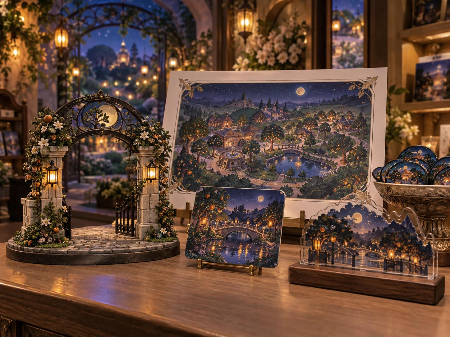 Coordinated merchandise inspired by an original moonlit orchard themed land
