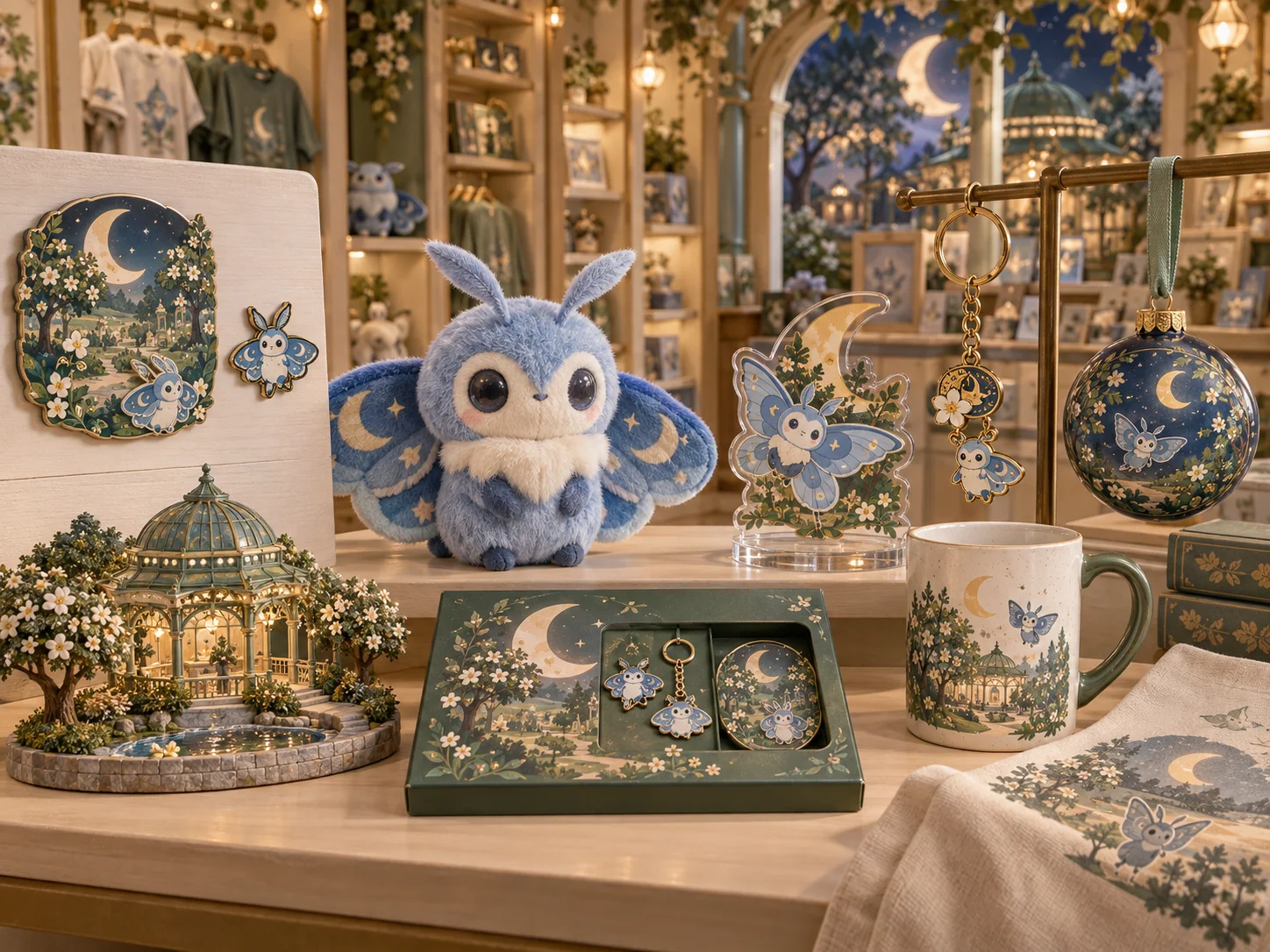 Original moonlit orchard theme park merchandise collection shown in a visitor gift shop