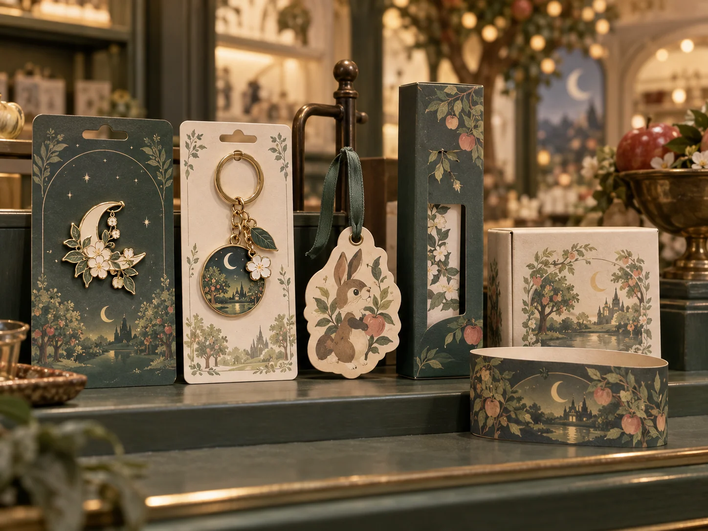 Original moonlit orchard theme park character merchandise arranged in coordinated retail packaging