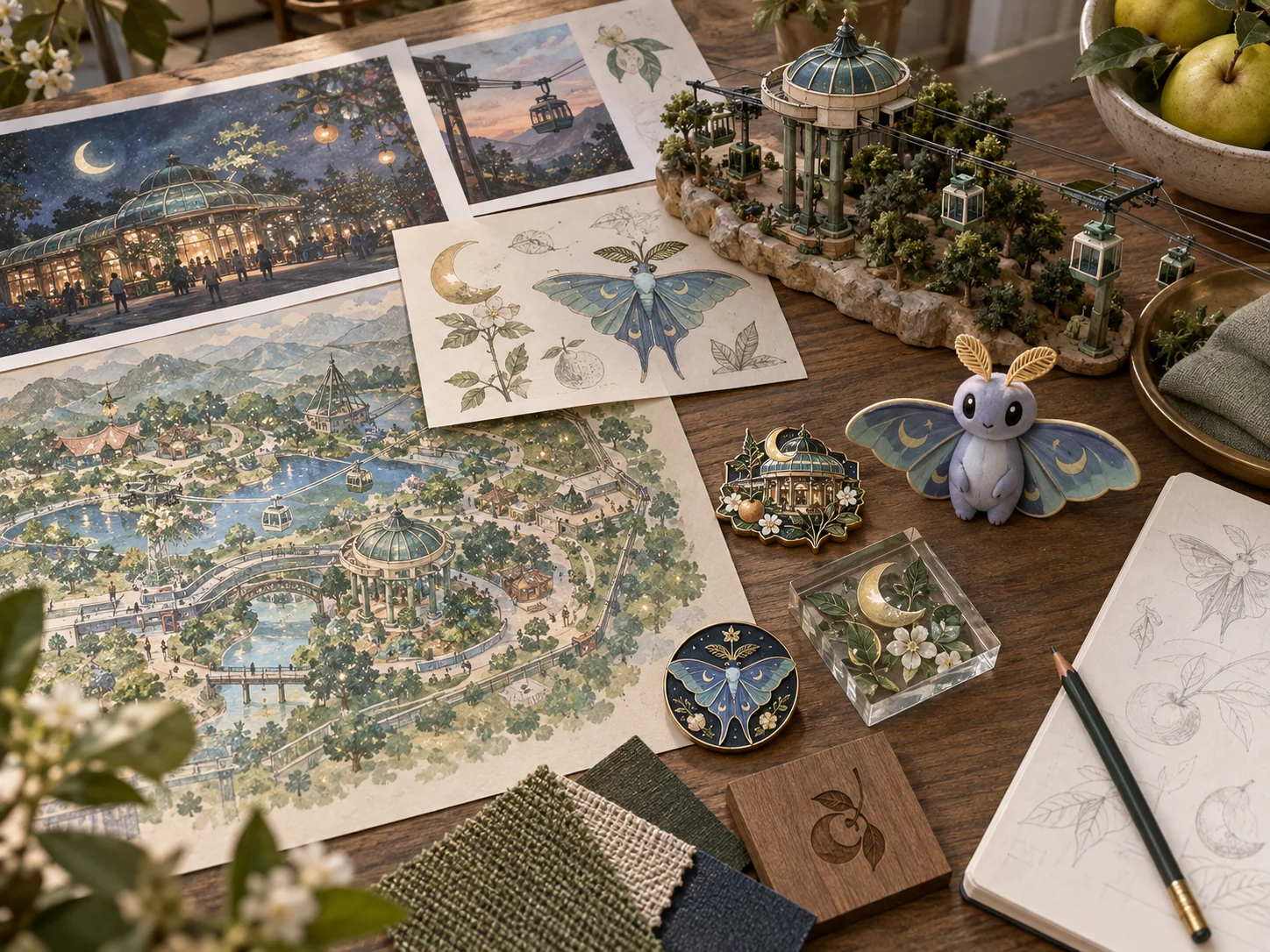 An original moonlit orchard park theme translated across coordinated acrylic, plush, ornament and collectible products