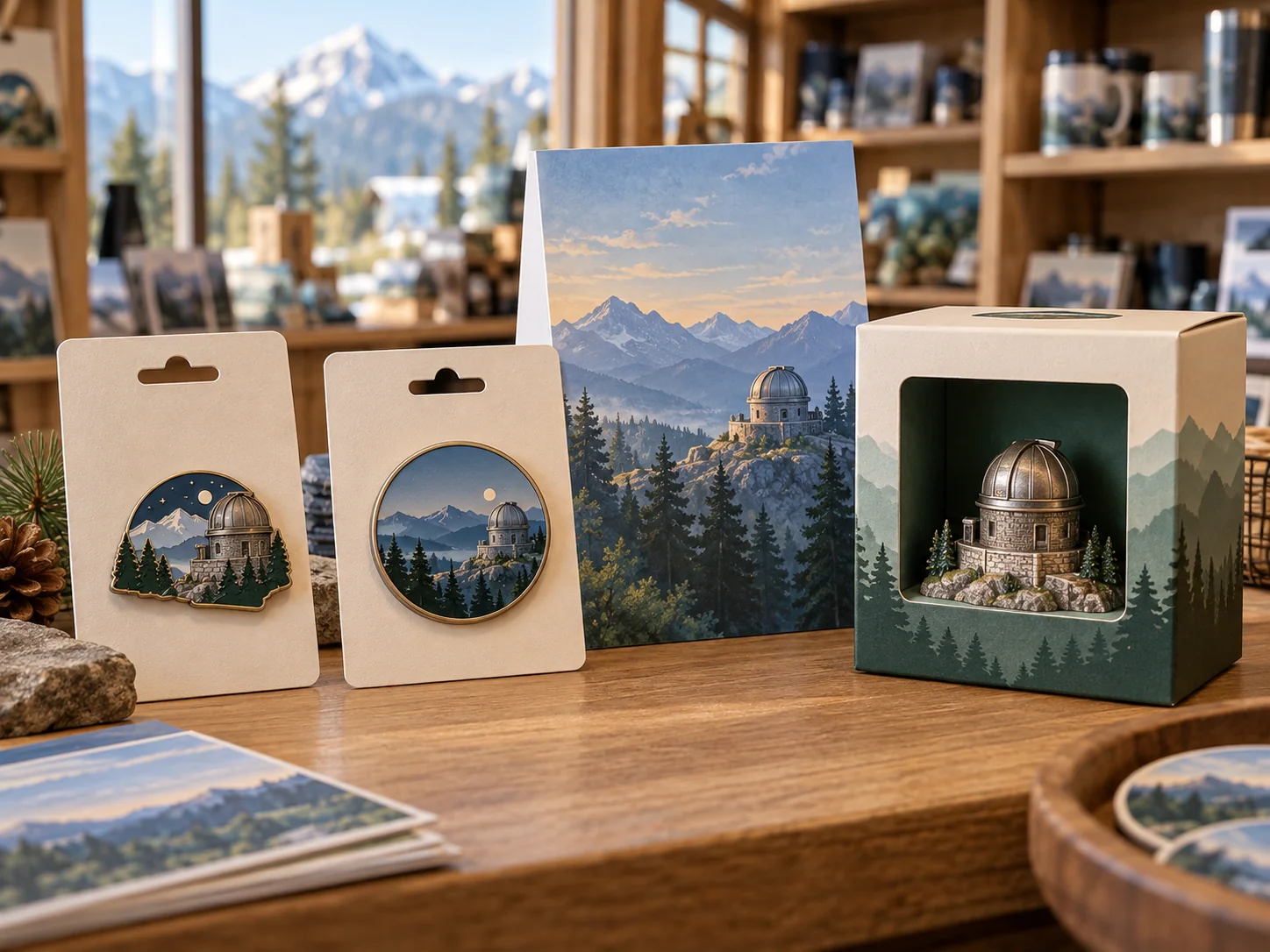 Destination souvenir packaging with a presentation box, scenic story cards and miniature keepsake
