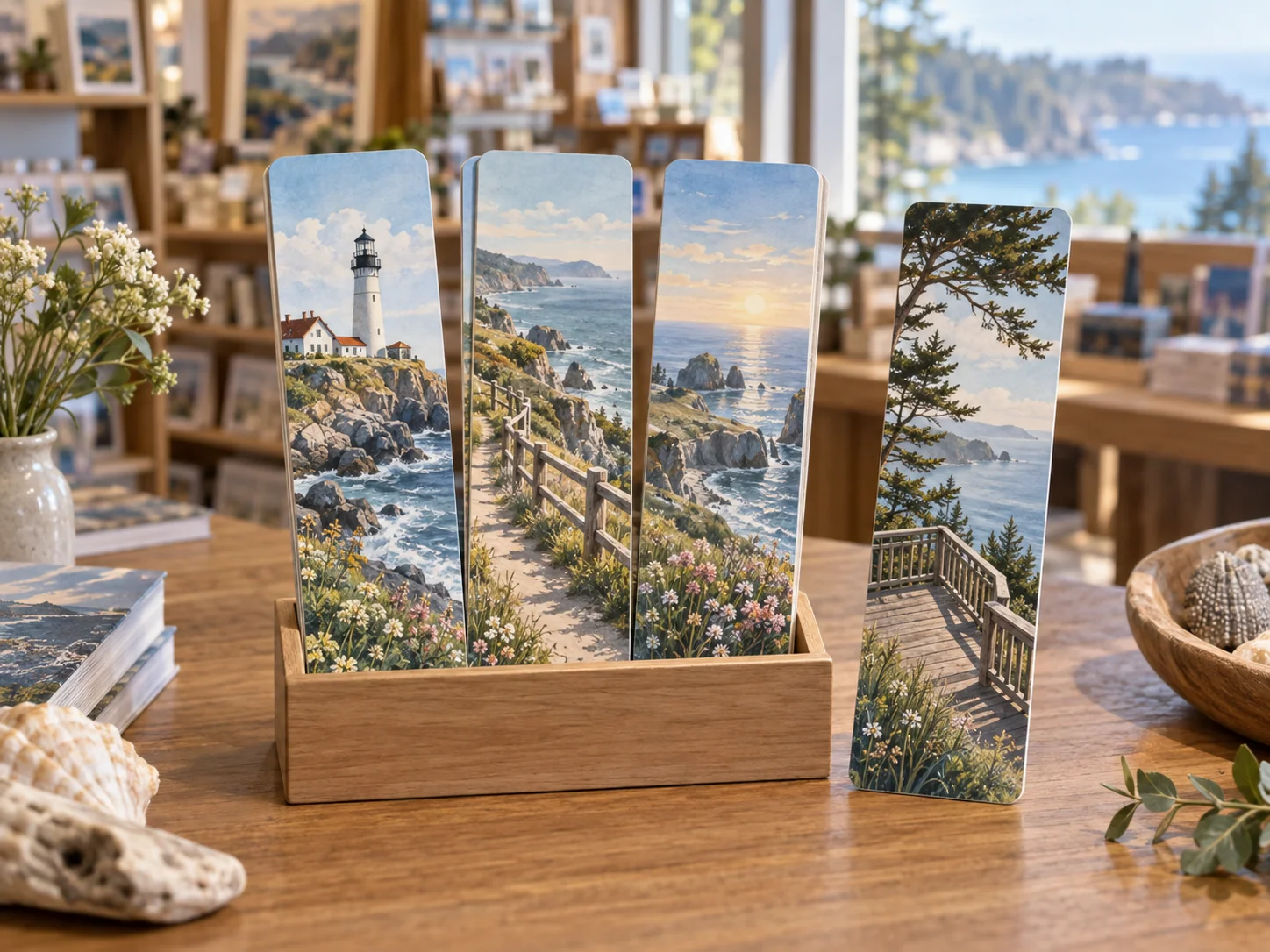 Coastal lighthouse bookmark assortment in a visitor-shop setting