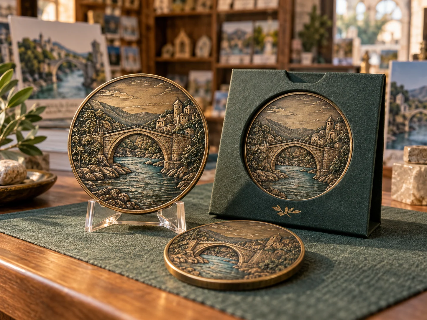 Destination commemorative coin with a bridge motif and presentation context