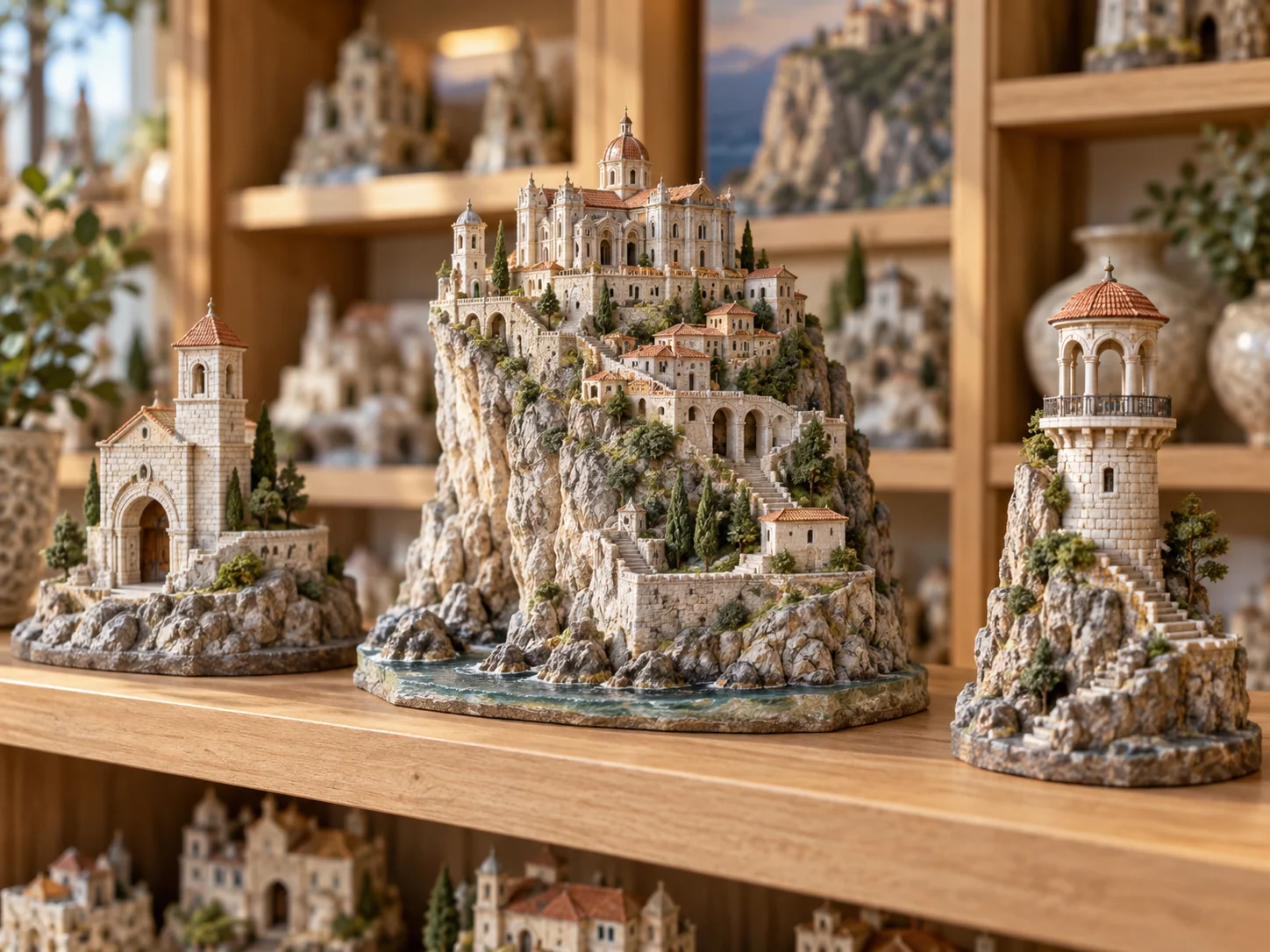 Architectural miniatures of a fictional cliffside destination arranged for retail display