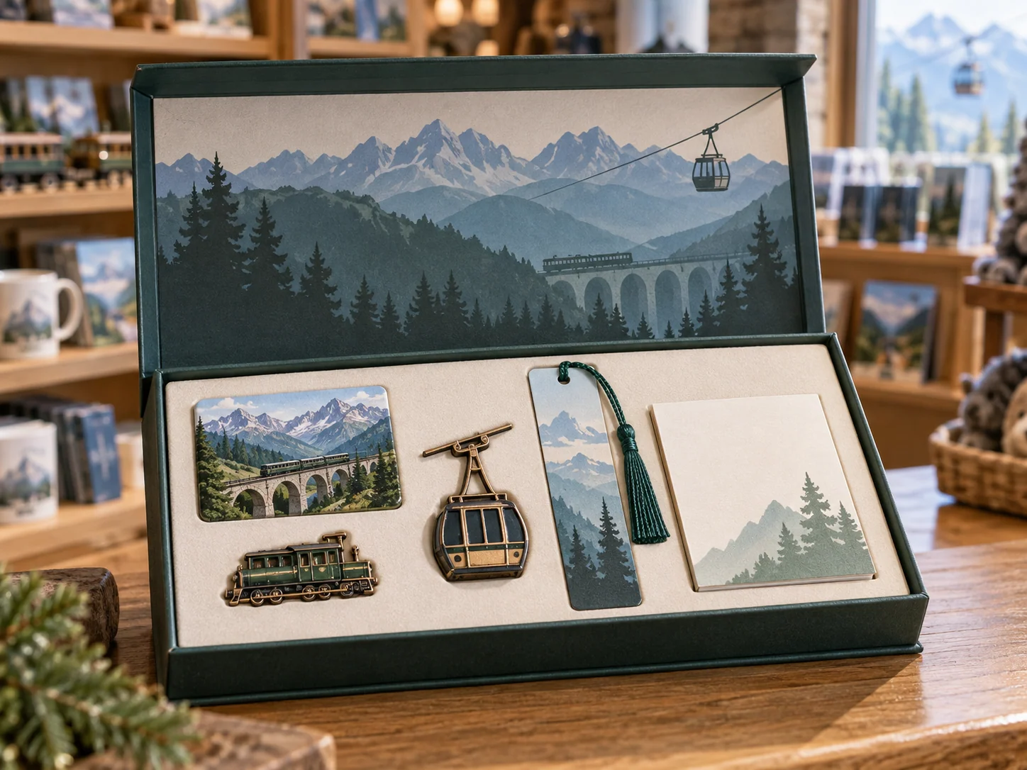 Destination gift set with mountain railway keepsakes in a presentation box