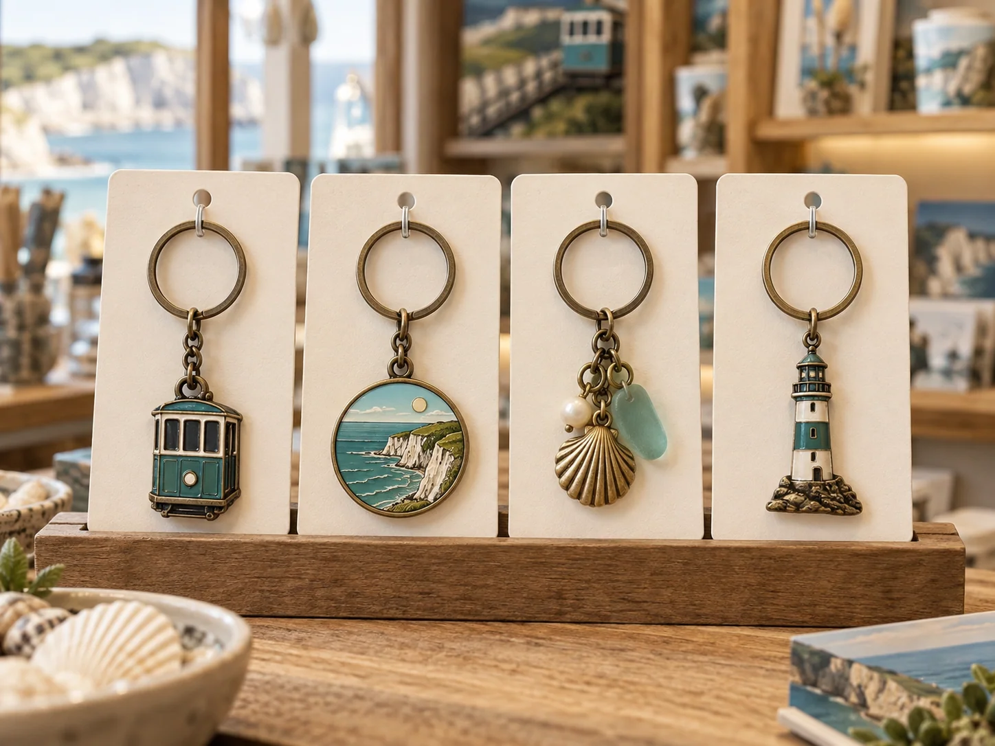 Four coordinated coastal attraction keychains presented on retail backing cards
