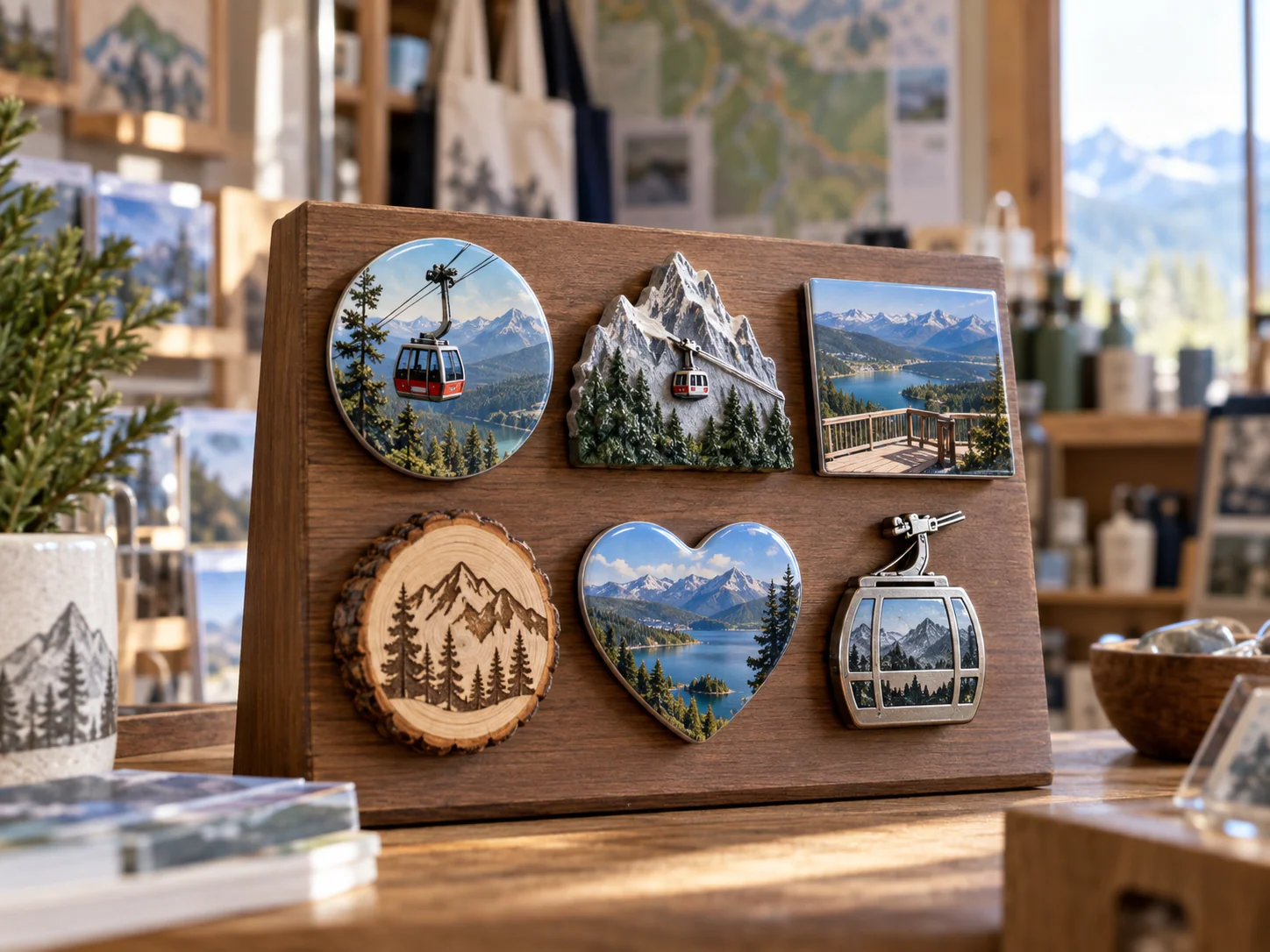 Cable car and mountain attraction magnets displayed as a coordinated visitor-shop assortment