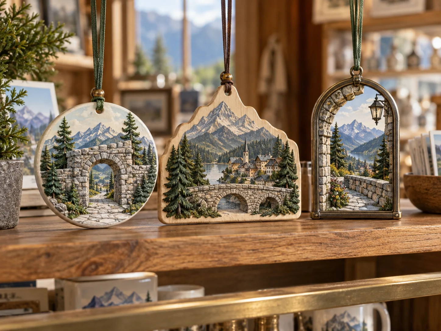 Mountain and landmark-inspired ornaments presented as a small destination collection