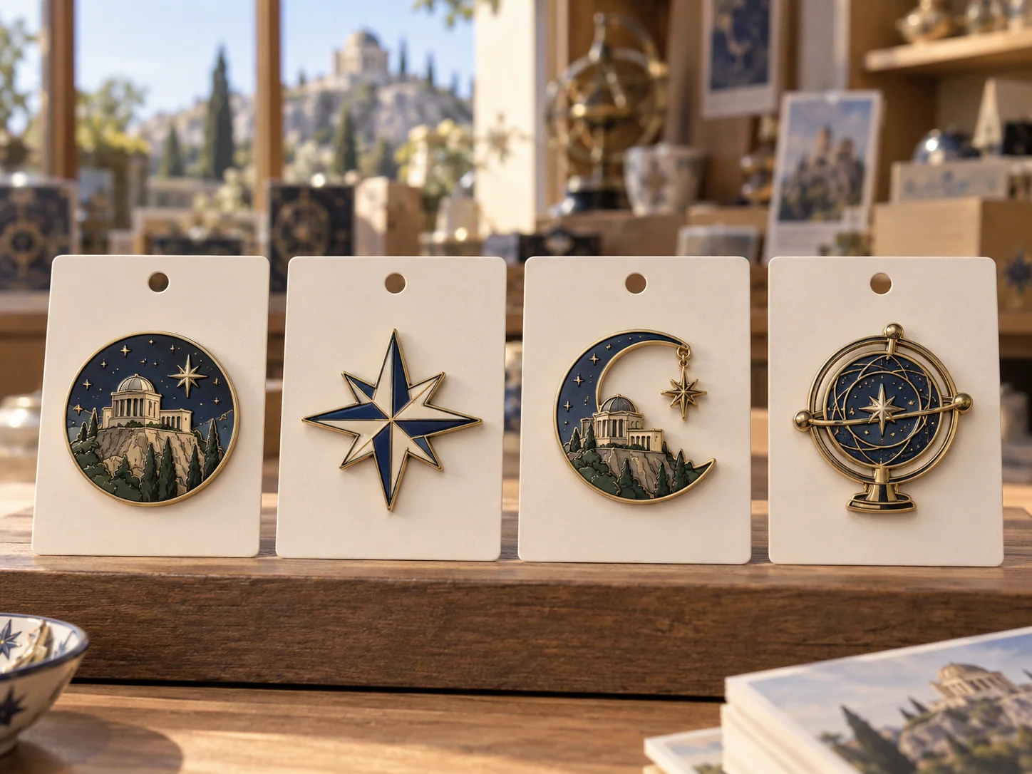 Observatory-inspired enamel pins displayed on simple backing cards