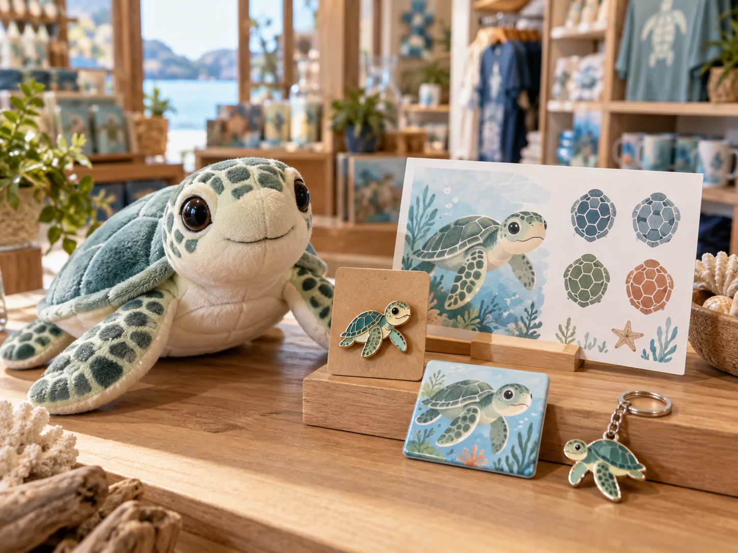 Original sea turtle attraction character interpreted across refined family souvenirs