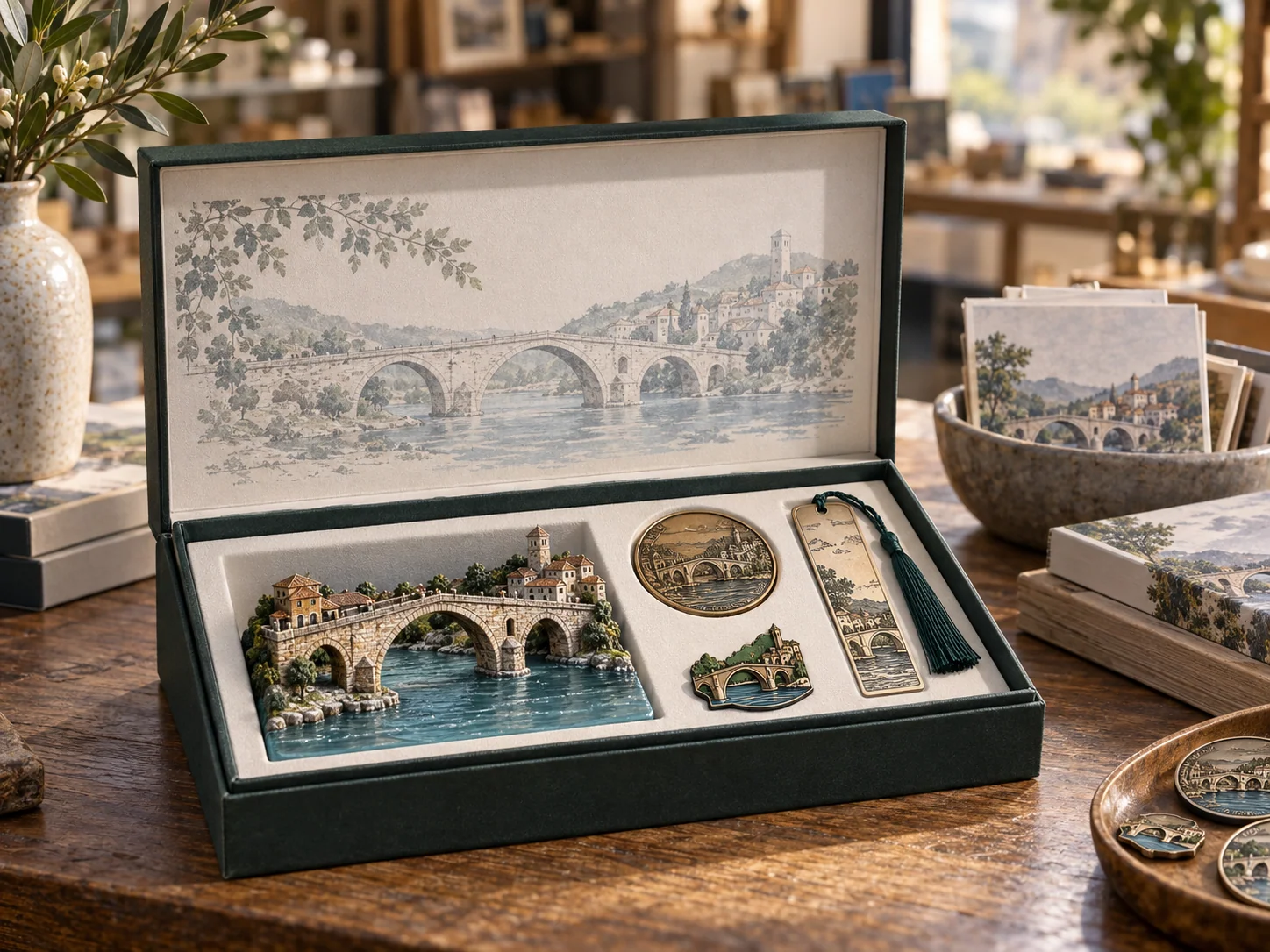 Premium destination keepsakes and story card presented in a coordinated gift box