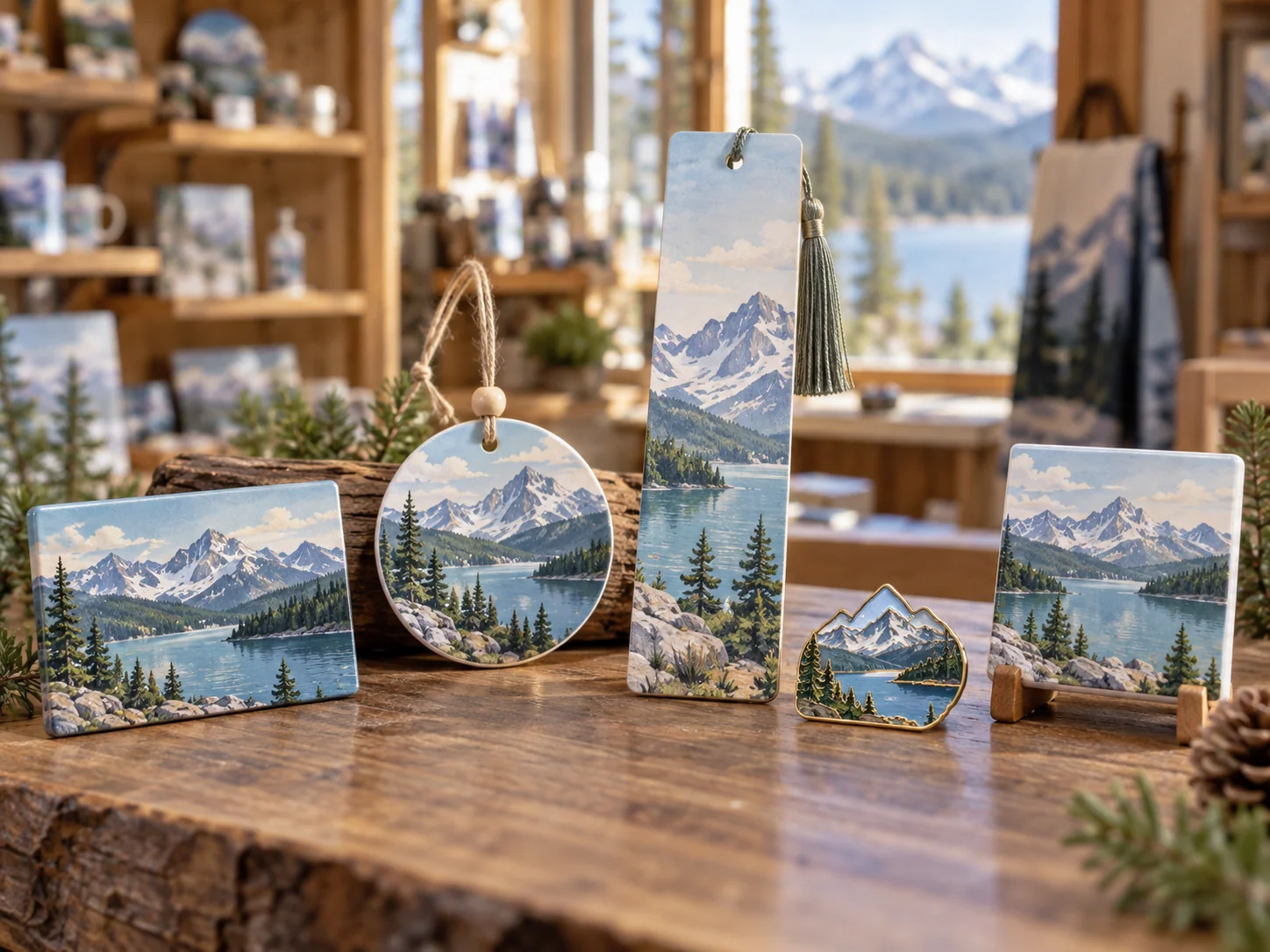 Scenic destination souvenirs arranged as a coordinated visitor-shop collection