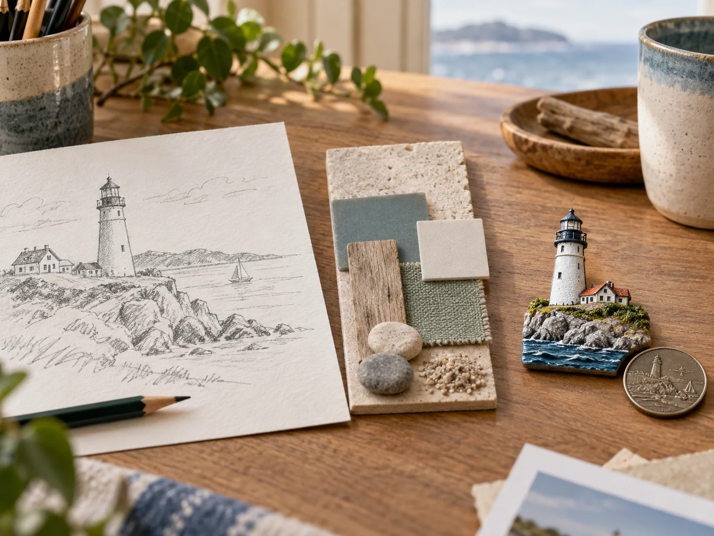 Destination reference sketch, material samples and finished landmark souvenir products together