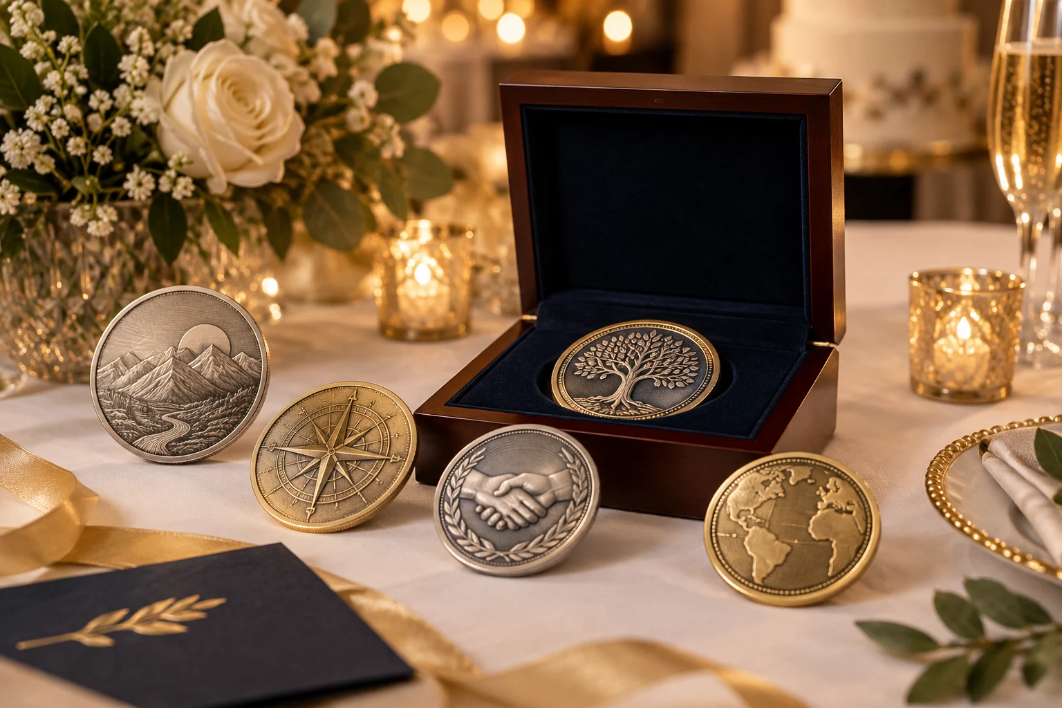 Commemorative celebration coins presented as anniversary keepsakes.