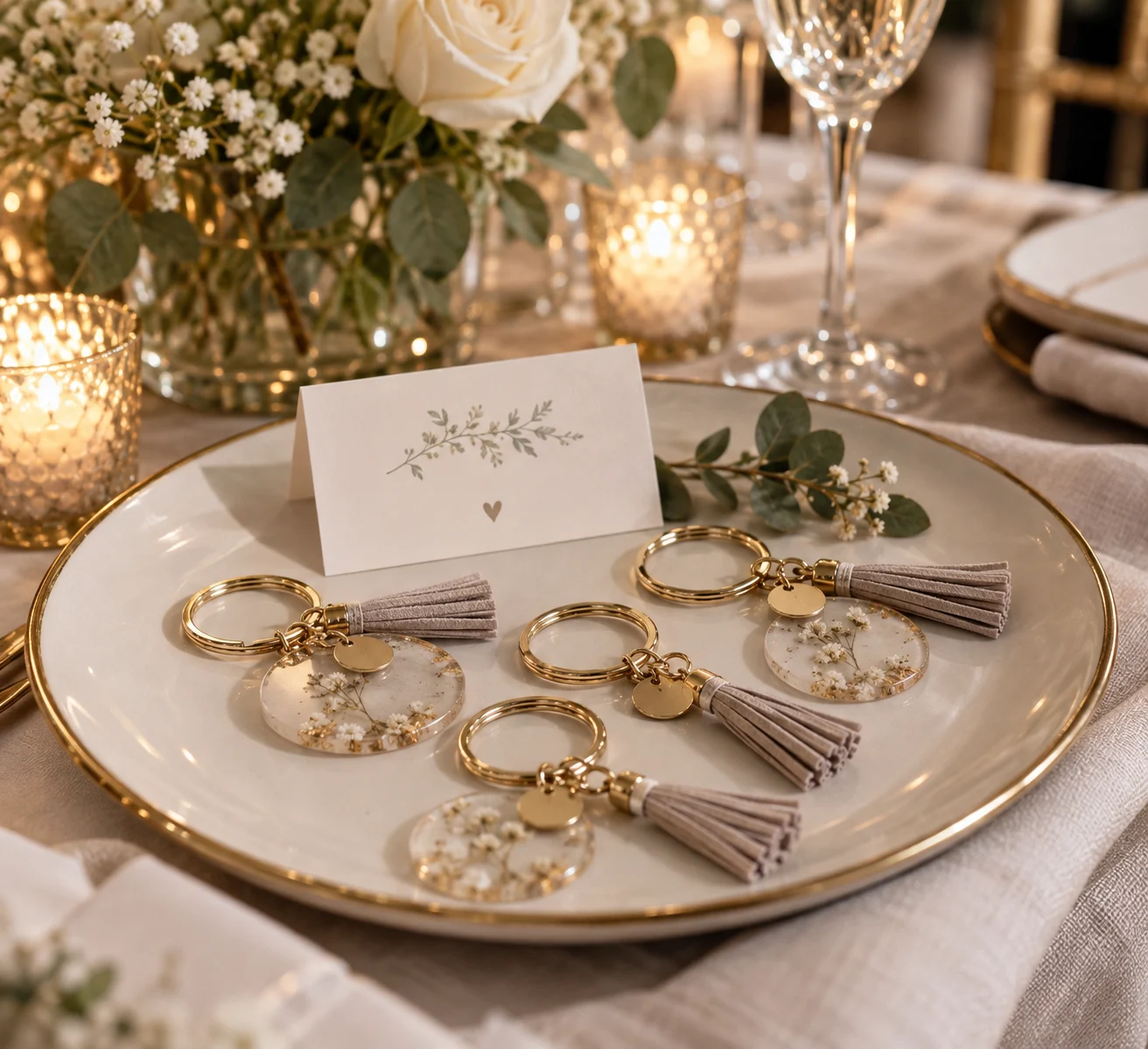 Coordinated personalized wedding keychains presented as guest favors.