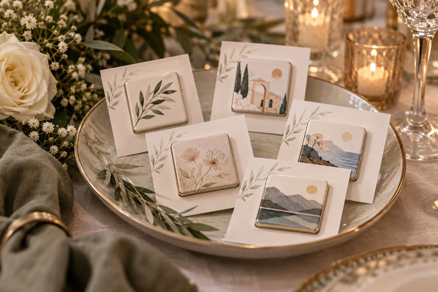 Personalized wedding magnets arranged for guest distribution.