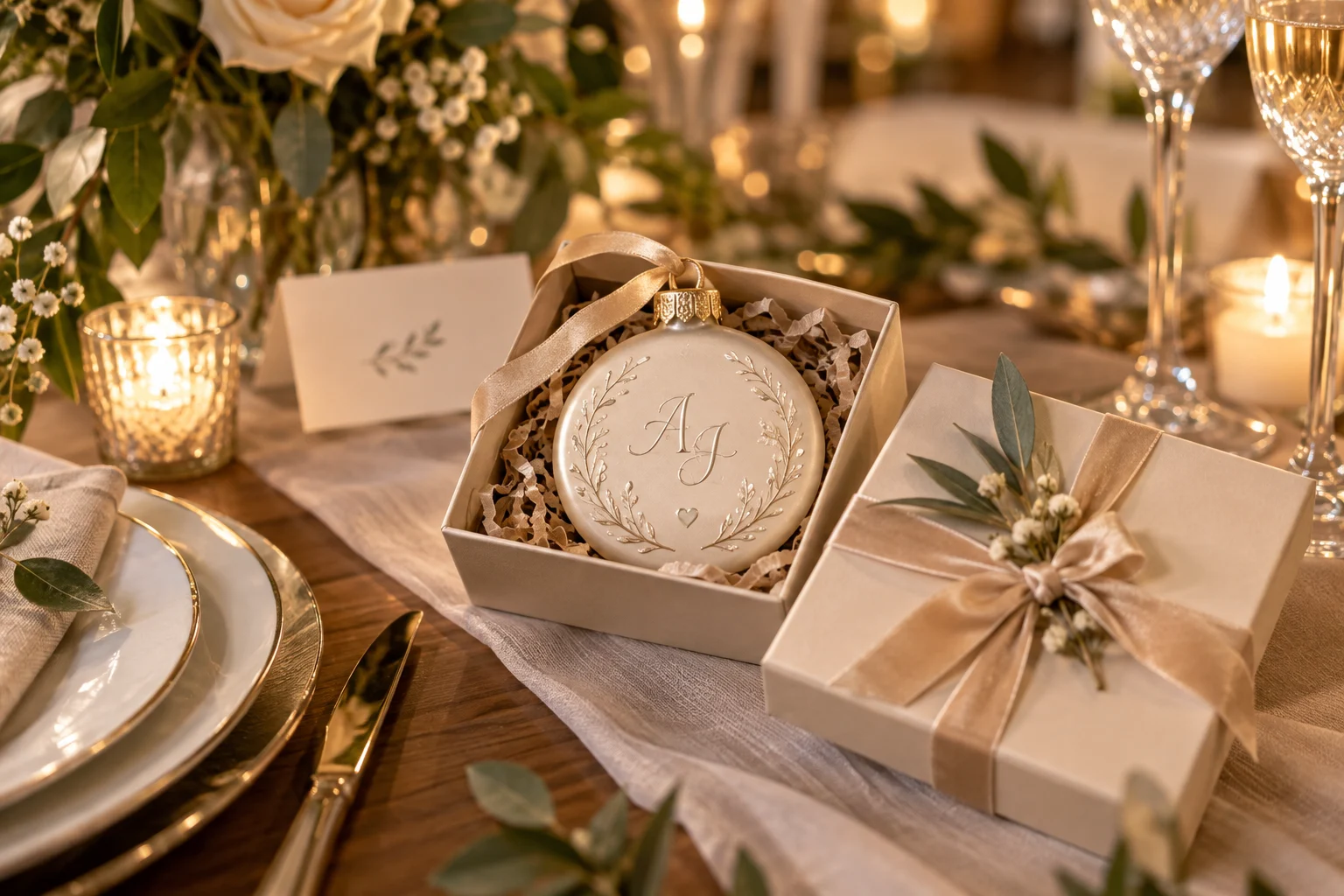 Elegant personalized celebration ornament in a wedding guest gifting context.