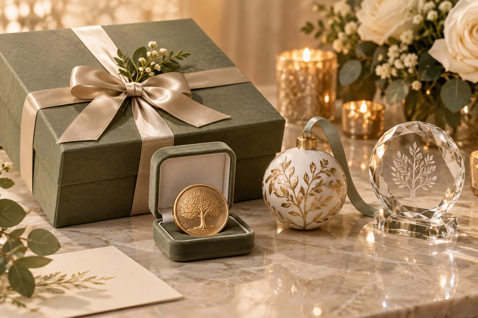 Anniversary commemorative coin, ornament, crystal object and rigid gift box.