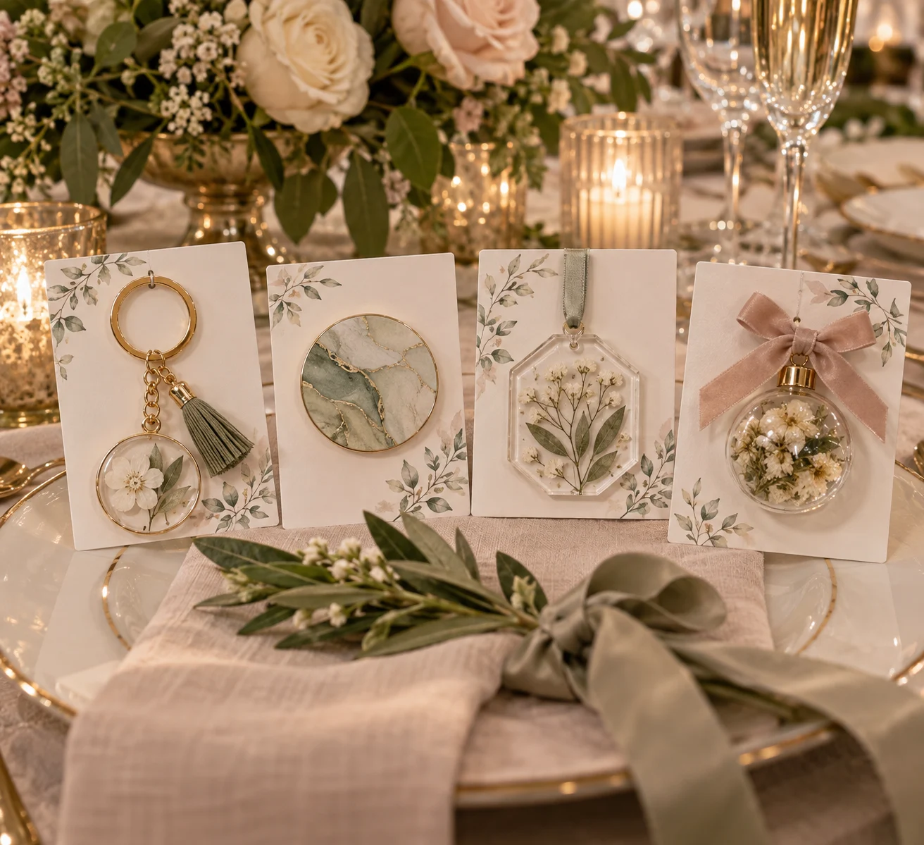 Elegant keychains, magnets, acrylic pieces and ornaments arranged as celebration guest favors.