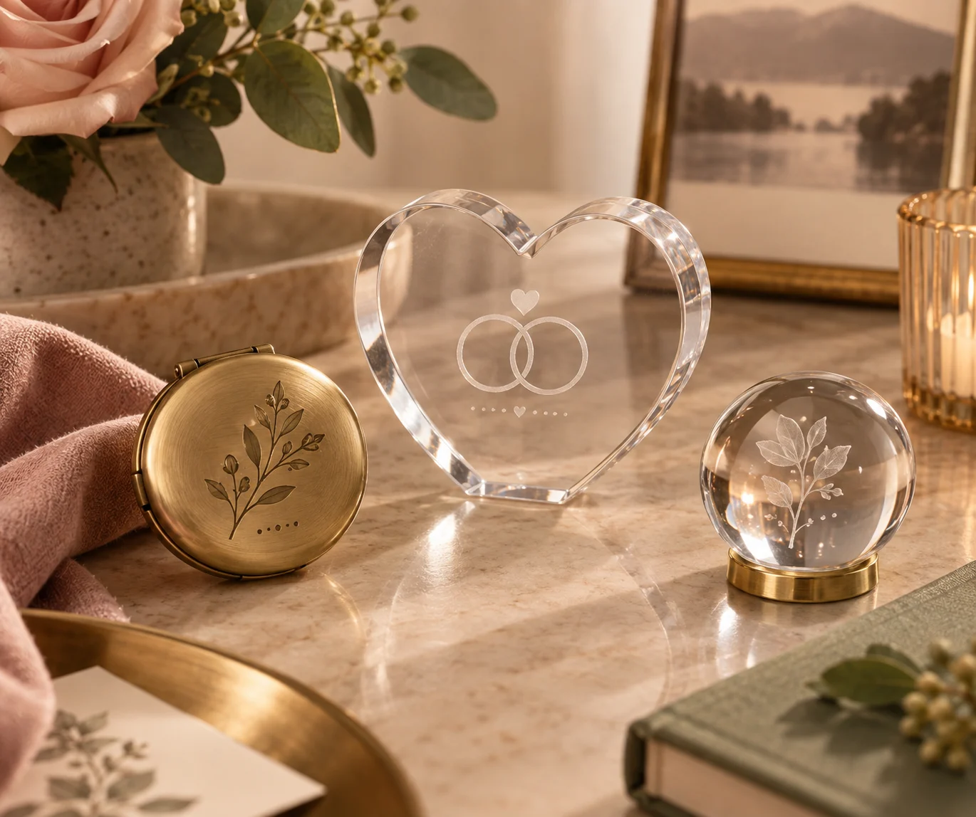 Subtle personalized ornament, acrylic and crystal keepsakes in a warm celebration setting.