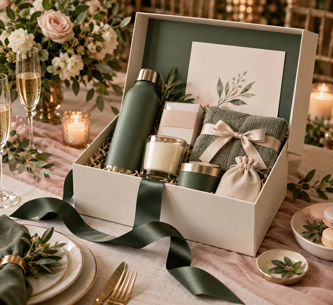 Refined coordinated wedding party gift set with premium packaging.