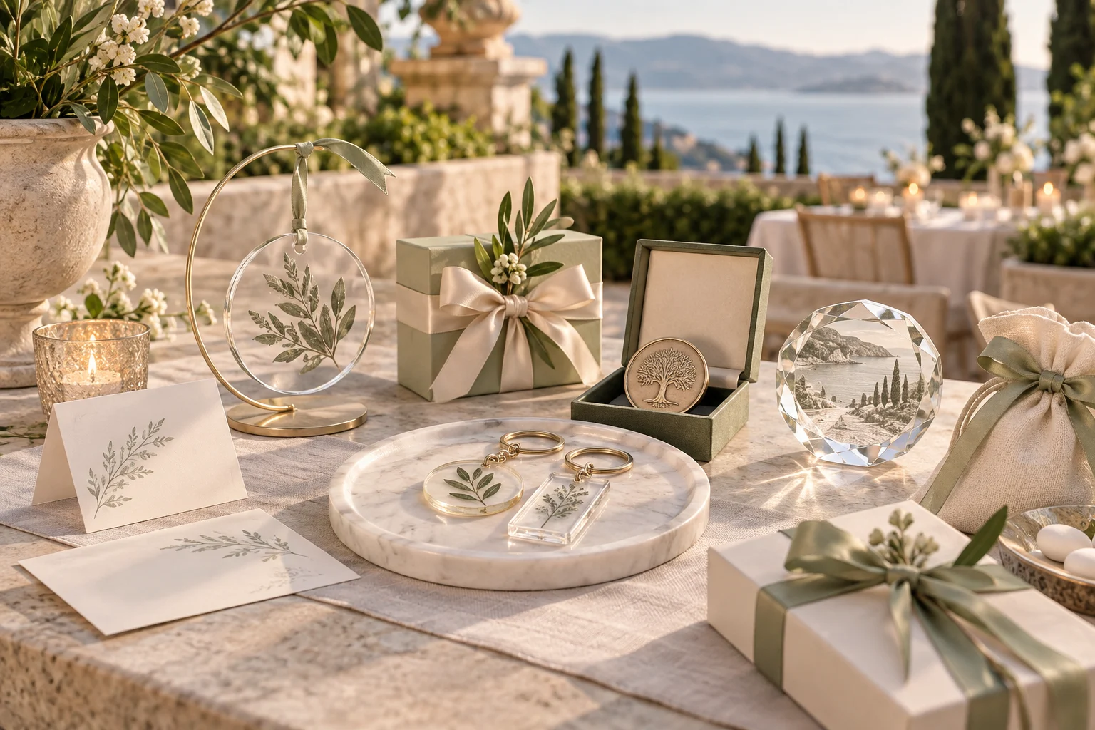 Elegant celebration table with personalized keepsakes, guest gifts and premium packaging