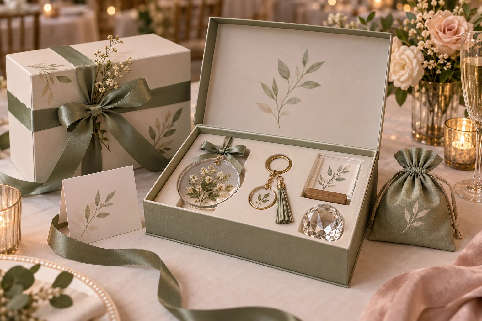 Elegant celebration gift box with ornament, keychain, acrylic piece, crystal object and coordinated packaging